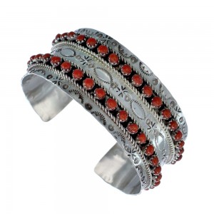 Sterling Silver Coral Native American Zuni Cuff Bracelet JX130663