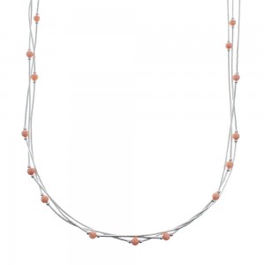 Native American Pink Coral Hand Strung Liquid Silver 3-Strand Necklace AX128196