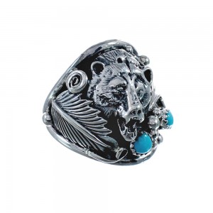 Authentic Sterling Silver Bear Turquoise Navajo Ring Size 10 AX128286