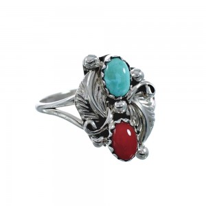 Sterling Silver Navajo Turquoise Coral Leaf Design Ring Size 8-1/2 JX130527