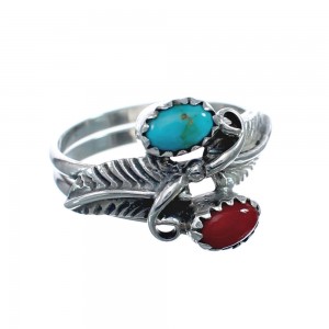 Native American Coral And Turquoise Silver Leaf Ring Size 6-1/4 AX128723