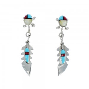 Native American Navajo Multicolor Sterling Silver Feather Post Dangle Earrings AX129146