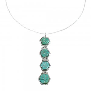Sterling Silver Turquoise Inlay Box Chain Pendant Necklace Set JX129072