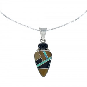 Southwest Multicolor Inlay Sterling Silver Box Chain Necklace Set JX129272