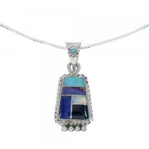 Southwest Multicolor Inlay Sterling Silver Box Chain Necklace Set JX129266