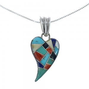 Southwest Multicolor Heart Inlay Sterling Silver Box Chain Necklace Set JX129270