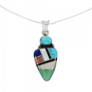 Southwest Multicolor Inlay Sterling Silver Box Chain Necklace Set JX129079