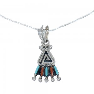 Southwest Needlepoint Turquoise Coral Sterling Silver Box Chain Necklace Set JX129134