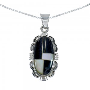 Southwest Jet Mother of Pearl Inlay Sterling Silver Box Chain Necklace Set JX129118