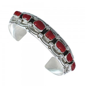 Native American Navajo Coral Sterling Silver Cuff Bracelet AX129452