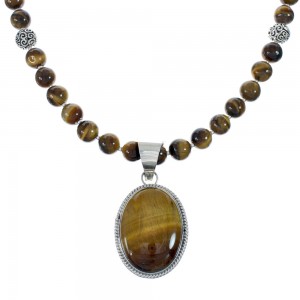 Native American Sterling Silver Tiger Eye Bead Necklace Pendant Set JX129825