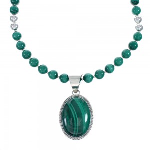 Native American Sterling Silver Malachite Bead Necklace Pendant Set JX129815