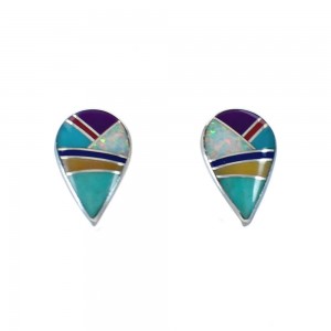 Genuine Sterling Silver Multicolor Inlay Post Earrings JX129628