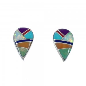 Genuine Sterling Silver Multicolor Inlay Post Earrings JX129625