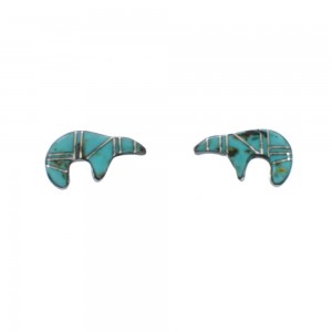 Southwest Sterling Silver Turquoise Inlay Bear Post Earrings JX129611