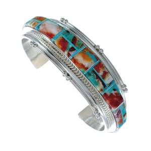 Multicolor Inlay Genuine Sterling Silver Navajo Cuff Bracelet JX130621