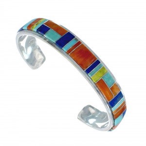 Multicolor Inlay Genuine Sterling Silver Navajo Cuff Bracelet JX130620