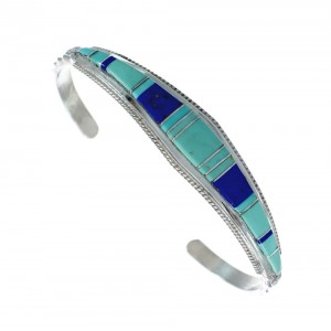 Turquoise And Lapis Inlay Genuine Sterling Silver Navajo Cuff Bracelet JX130607