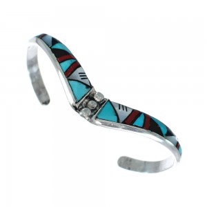 Multicolor Inlay Genuine Sterling Silver Zuni Cuff Bracelet JX130615