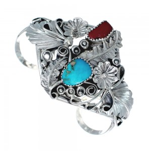 Sterling Silver Turquoise And Coral Navajo Leaf And Flower Cuff Bracelet JX130705