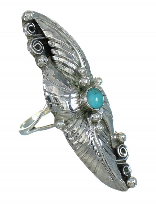 Southwestern Genuine Sterling Silver Turquoise Scalloped Leaf Ring Size 8-1/4 YX89541