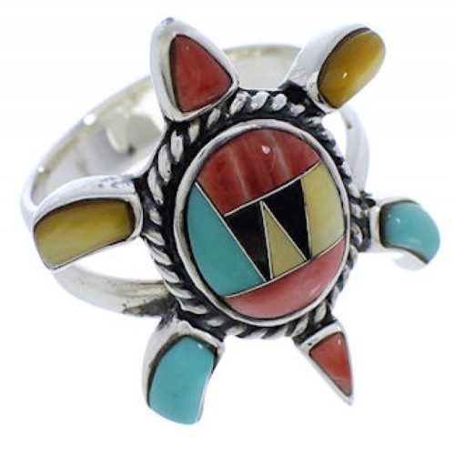 Multicolor Silver Southwest Inlay Turtle Ring Size 7-3/4 CX47126