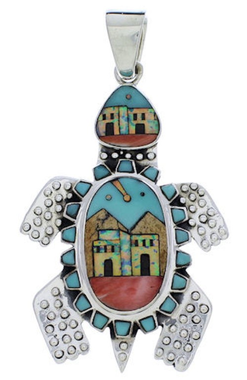 Multicolor Turtle Native American Village or Pueblo Design Silver Pendant  MX22270