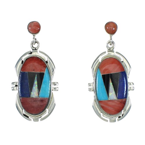 Multicolor Inlay Sterling Silver Southwest Post Dangle Earrings Mx