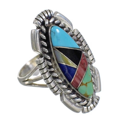 Southwestern Sterling Silver Multicolor Inlay Ring Size 5-1/2 QX77771