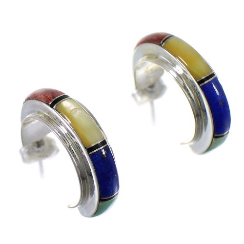 Authentic Sterling Silver Southwestern Multicolor Post Hoop Earrings QX72498